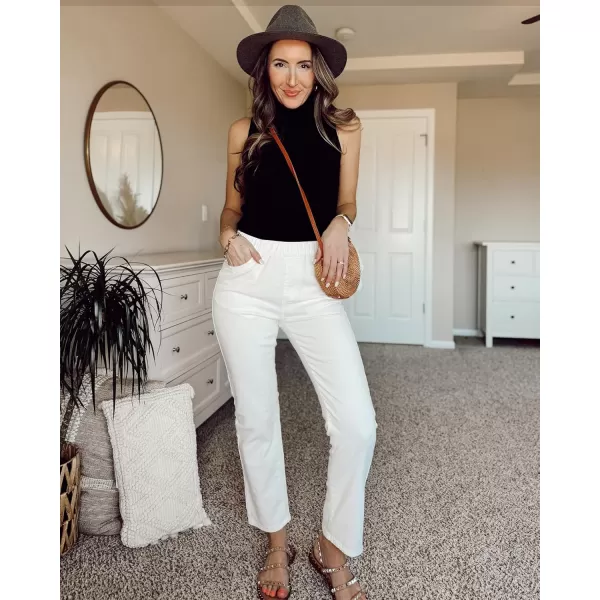 GRAPENT Straight Leg Jeans for Women Trendy Pull On High Waisted Cropped Elastic Waist Stretchy Denim Pants Ankle JeansCream White