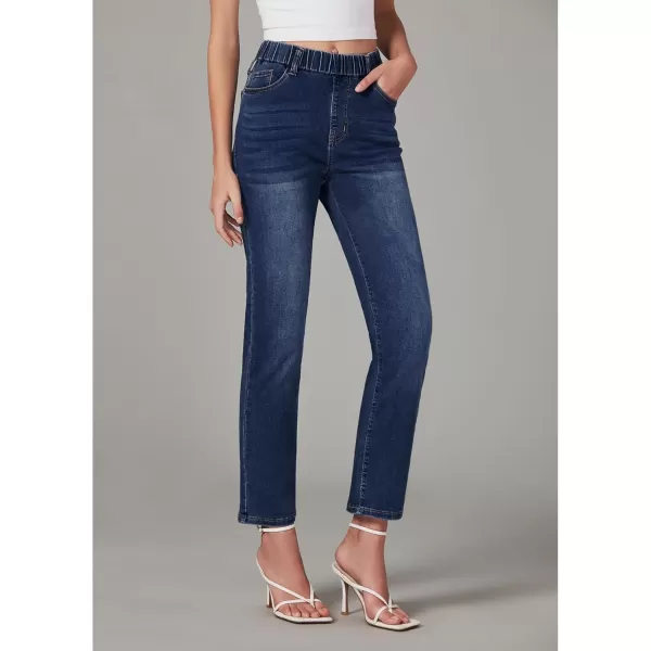 GRAPENT Straight Leg Jeans for Women Trendy Pull On High Waisted Cropped Elastic Waist Stretchy Denim Pants Ankle JeansDarkness Blue