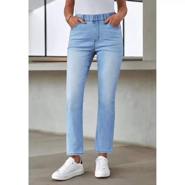 GRAPENT Straight Leg Jeans for Women Trendy Pull On High Waisted Cropped Elastic Waist Stretchy Denim Pants Ankle JeansGentle Sea Blue