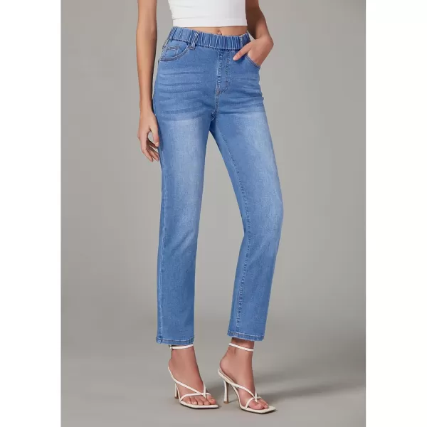 GRAPENT Straight Leg Jeans for Women Trendy Pull On High Waisted Cropped Elastic Waist Stretchy Denim Pants Ankle JeansOffshore Blue