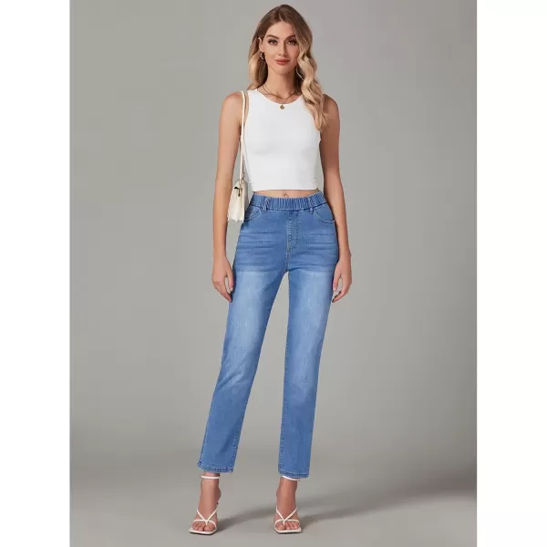 GRAPENT Straight Leg Jeans for Women Trendy Pull On High Waisted Cropped Elastic Waist Stretchy Denim Pants Ankle JeansOffshore Blue