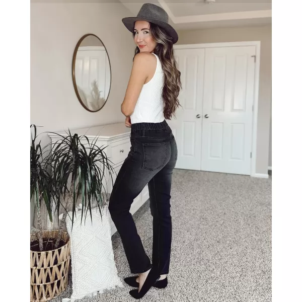GRAPENT Straight Leg Jeans for Women Trendy Pull On High Waisted Cropped Elastic Waist Stretchy Denim Pants Ankle JeansWashed Black