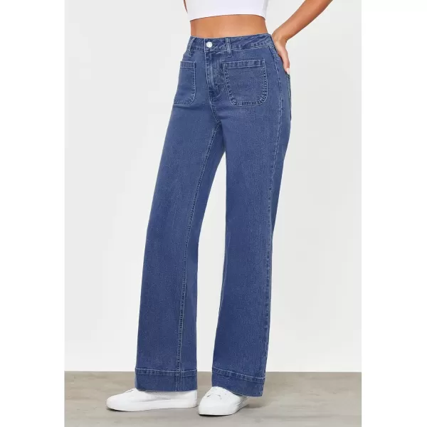 GRAPENT Wide Leg Jeans for Women High Waisted Flare Trendy Stretchy Denim Pants Duo Pockets Trouser JeansClassic Blue