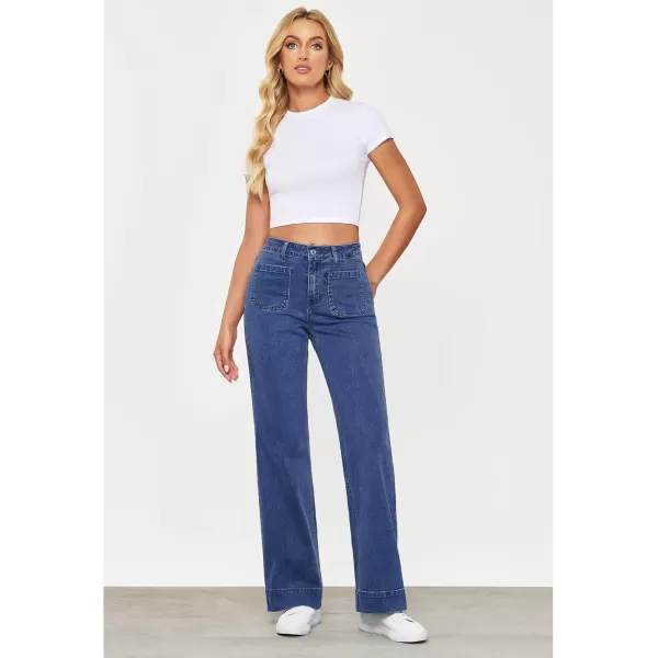 GRAPENT Wide Leg Jeans for Women High Waisted Flare Trendy Stretchy Denim Pants Duo Pockets Trouser JeansClassic Blue