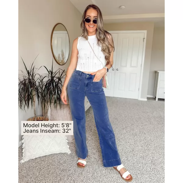 GRAPENT Wide Leg Jeans for Women High Waisted Flare Trendy Stretchy Denim Pants Duo Pockets Trouser JeansClassic Blue