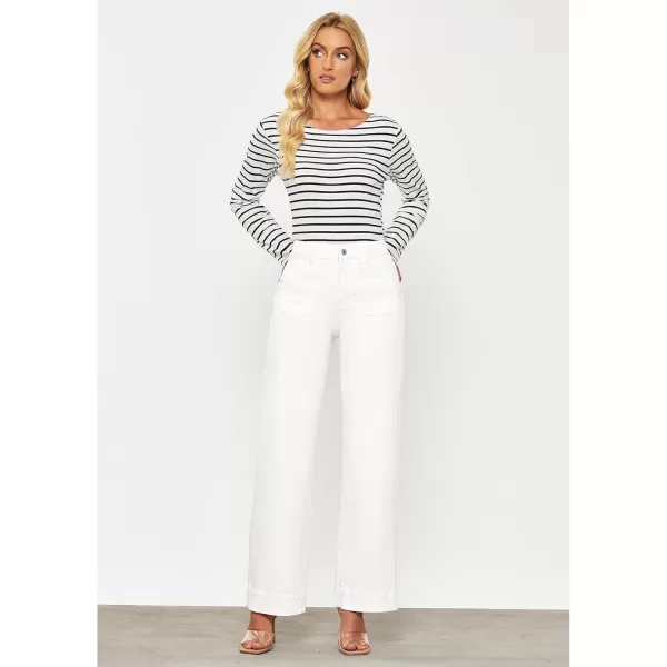 GRAPENT Wide Leg Jeans for Women High Waisted Flare Trendy Stretchy Denim Pants Duo Pockets Trouser JeansCream White