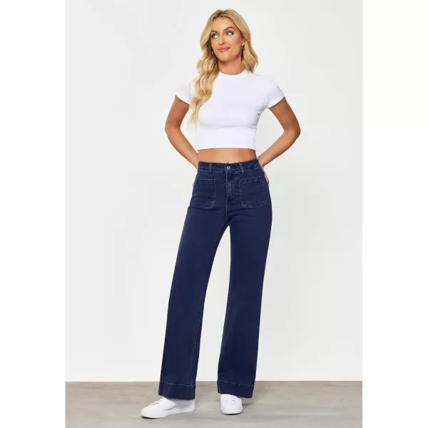 GRAPENT Wide Leg Jeans for Women High Waisted Flare Trendy Stretchy Denim Pants Duo Pockets Trouser JeansDarkness Blue