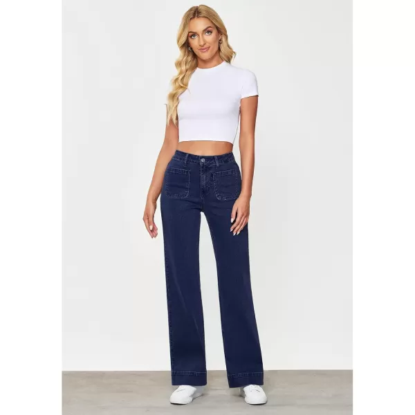 GRAPENT Wide Leg Jeans for Women High Waisted Flare Trendy Stretchy Denim Pants Duo Pockets Trouser JeansDarkness Blue