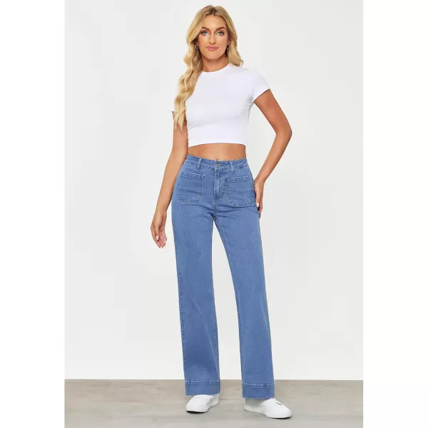 GRAPENT Wide Leg Jeans for Women High Waisted Flare Trendy Stretchy Denim Pants Duo Pockets Trouser JeansMedium Blue