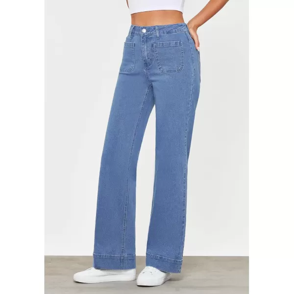 GRAPENT Wide Leg Jeans for Women High Waisted Flare Trendy Stretchy Denim Pants Duo Pockets Trouser JeansMedium Blue