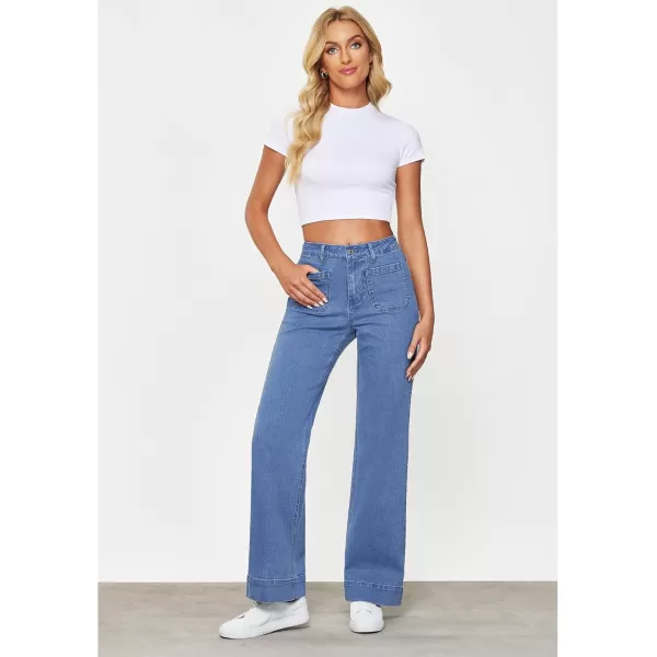 GRAPENT Wide Leg Jeans for Women High Waisted Flare Trendy Stretchy Denim Pants Duo Pockets Trouser JeansMedium Blue