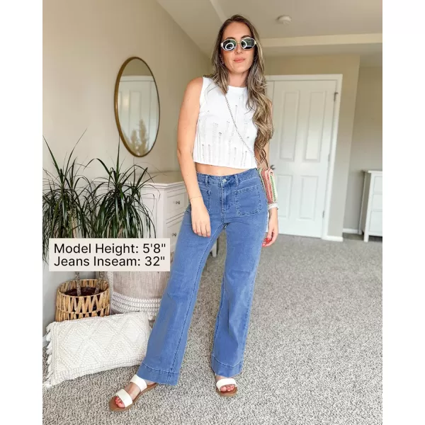 GRAPENT Wide Leg Jeans for Women High Waisted Flare Trendy Stretchy Denim Pants Duo Pockets Trouser JeansMedium Blue