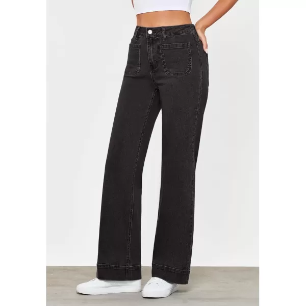GRAPENT Wide Leg Jeans for Women High Waisted Flare Trendy Stretchy Denim Pants Duo Pockets Trouser JeansWashed Black