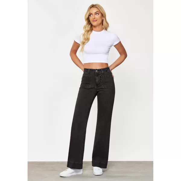 GRAPENT Wide Leg Jeans for Women High Waisted Flare Trendy Stretchy Denim Pants Duo Pockets Trouser JeansWashed Black