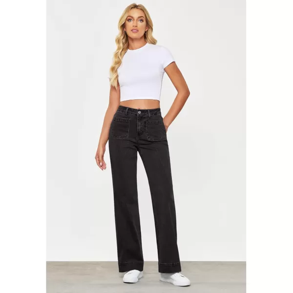 GRAPENT Wide Leg Jeans for Women High Waisted Flare Trendy Stretchy Denim Pants Duo Pockets Trouser JeansWashed Black