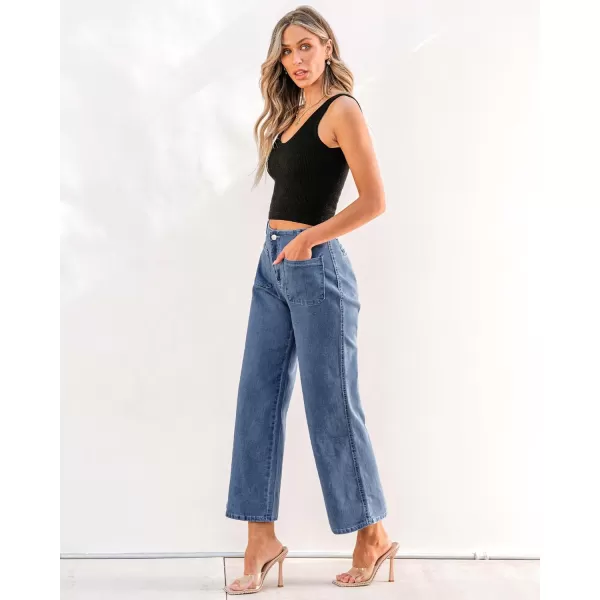 GRAPENT Wide Leg Jeans for Women High Waisted Straight Leg Stretchy Cropped Denim Pants with Pockets Jean TrousersClassic Blue
