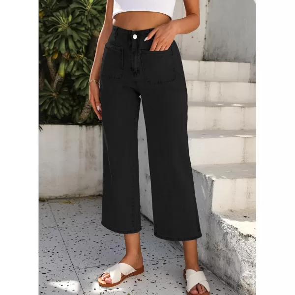 GRAPENT Wide Leg Jeans for Women High Waisted Straight Leg Stretchy Cropped Denim Pants with Pockets Jean TrousersWashed Black
