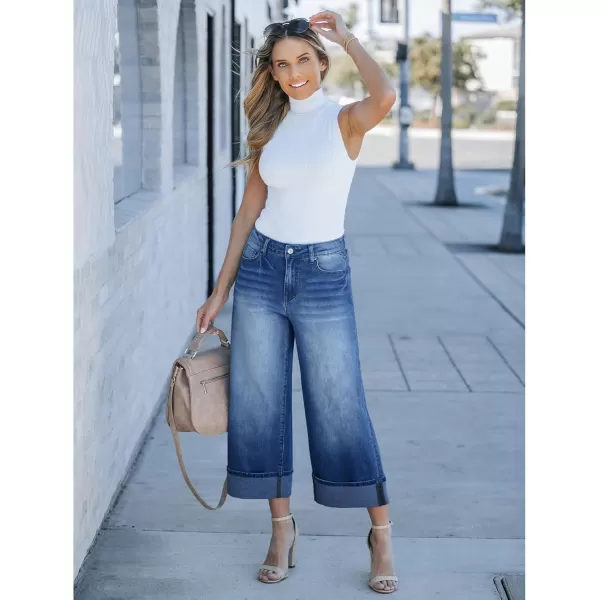 GRAPENT Wide Leg Jeans for Women High Waisted Stretchy Denim Capri Pants Fold Hem Cropped Baggy Capris Jeans with PocketClassic Blue
