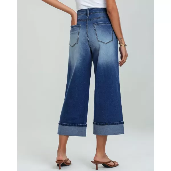 GRAPENT Wide Leg Jeans for Women High Waisted Stretchy Denim Capri Pants Fold Hem Cropped Baggy Capris Jeans with PocketClassic Blue