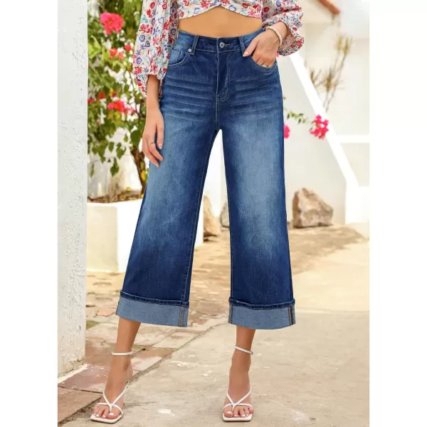GRAPENT Wide Leg Jeans for Women High Waisted Stretchy Denim Capri Pants Fold Hem Cropped Baggy Capris Jeans with PocketClassic Blue