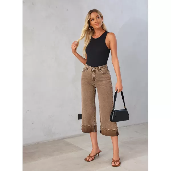GRAPENT Wide Leg Jeans for Women High Waisted Stretchy Denim Capri Pants Fold Hem Cropped Baggy Capris Jeans with PocketCoca Mocha