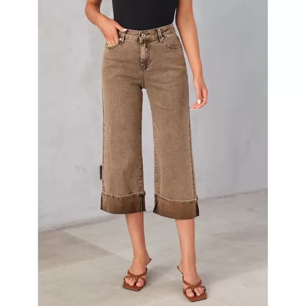 GRAPENT Wide Leg Jeans for Women High Waisted Stretchy Denim Capri Pants Fold Hem Cropped Baggy Capris Jeans with PocketCoca Mocha