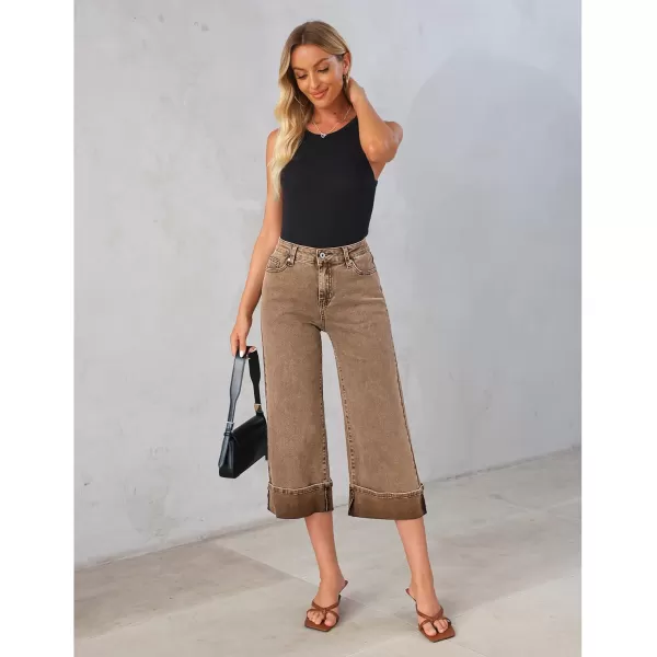GRAPENT Wide Leg Jeans for Women High Waisted Stretchy Denim Capri Pants Fold Hem Cropped Baggy Capris Jeans with PocketCoca Mocha