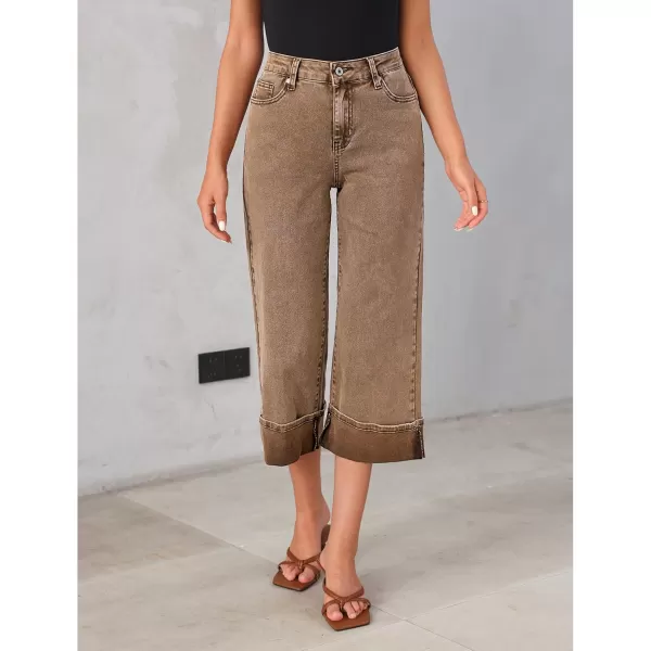 GRAPENT Wide Leg Jeans for Women High Waisted Stretchy Denim Capri Pants Fold Hem Cropped Baggy Capris Jeans with PocketCoca Mocha