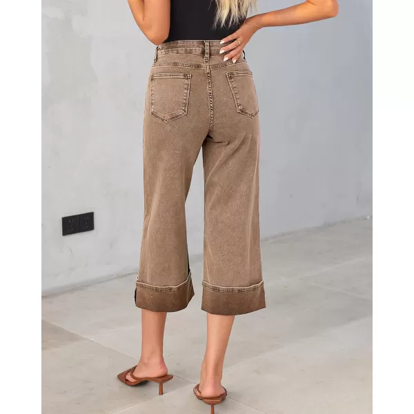 GRAPENT Wide Leg Jeans for Women High Waisted Stretchy Denim Capri Pants Fold Hem Cropped Baggy Capris Jeans with PocketCoca Mocha