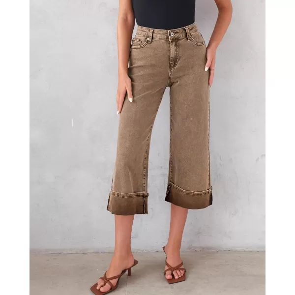 GRAPENT Wide Leg Jeans for Women High Waisted Stretchy Denim Capri Pants Fold Hem Cropped Baggy Capris Jeans with PocketCoca Mocha
