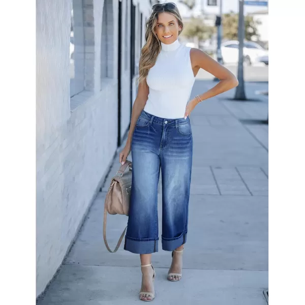 GRAPENT Wide Leg Jeans for Women High Waisted Stretchy Denim Capri Pants Fold Hem Cropped Baggy Capris Jeans with PocketDark Blue
