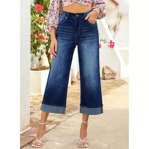 GRAPENT Wide Leg Jeans for Women High Waisted Stretchy Denim Capri Pants Fold Hem Cropped Baggy Capris Jeans with PocketDark Blue