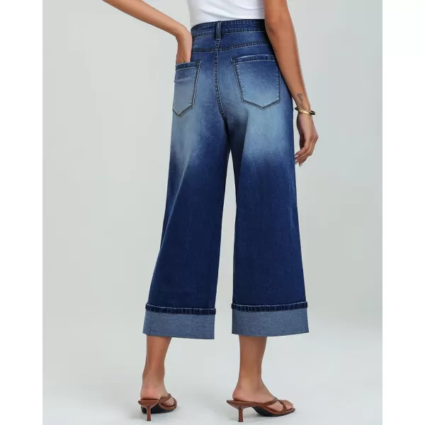 GRAPENT Wide Leg Jeans for Women High Waisted Stretchy Denim Capri Pants Fold Hem Cropped Baggy Capris Jeans with PocketDark Blue