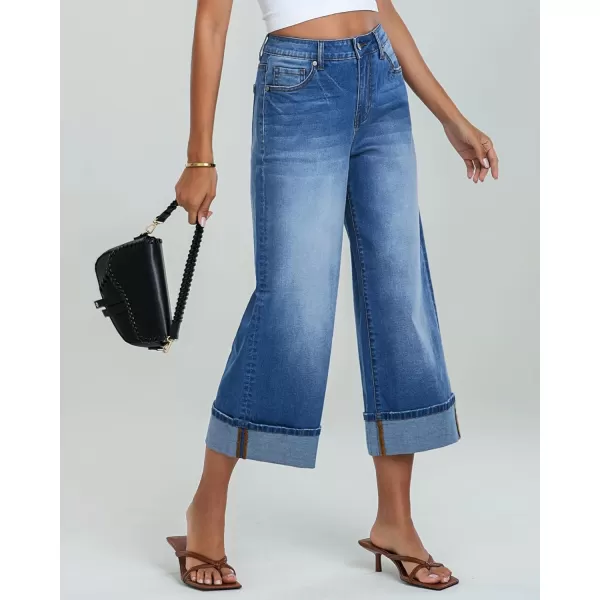 GRAPENT Wide Leg Jeans for Women High Waisted Stretchy Denim Capri Pants Fold Hem Cropped Baggy Capris Jeans with PocketMedium Blue