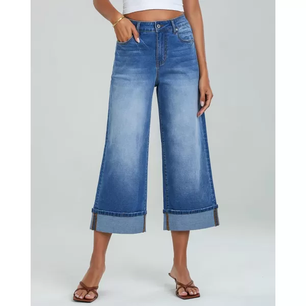GRAPENT Wide Leg Jeans for Women High Waisted Stretchy Denim Capri Pants Fold Hem Cropped Baggy Capris Jeans with PocketMedium Blue