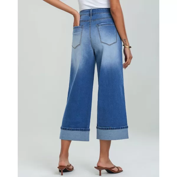 GRAPENT Wide Leg Jeans for Women High Waisted Stretchy Denim Capri Pants Fold Hem Cropped Baggy Capris Jeans with PocketMedium Blue