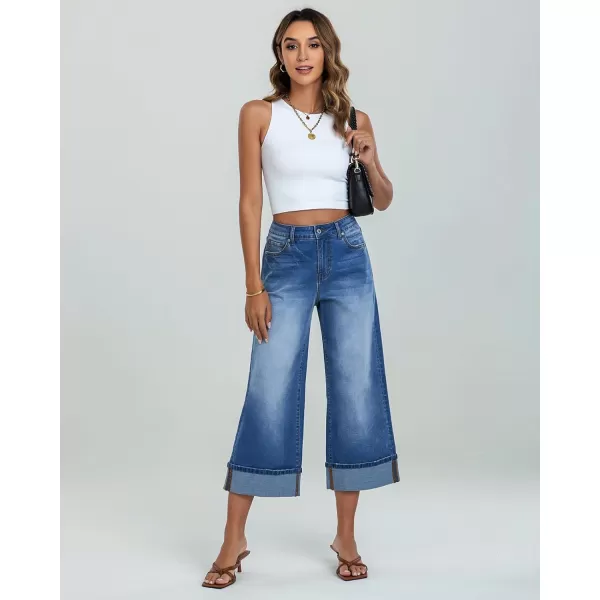 GRAPENT Wide Leg Jeans for Women High Waisted Stretchy Denim Capri Pants Fold Hem Cropped Baggy Capris Jeans with PocketMedium Blue