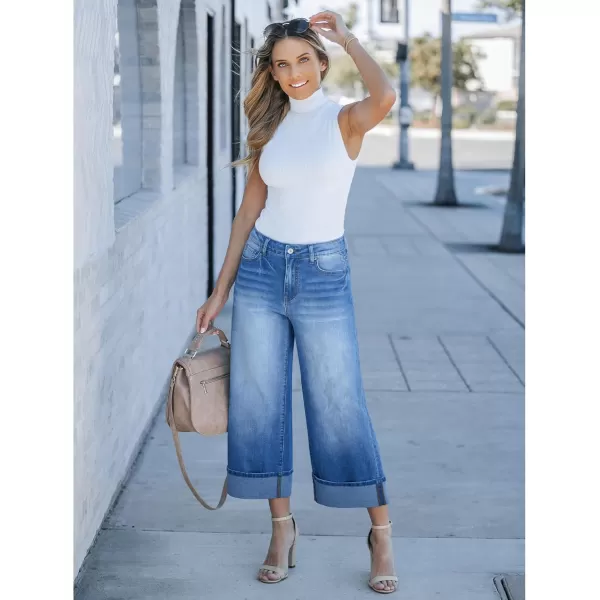GRAPENT Wide Leg Jeans for Women High Waisted Stretchy Denim Capri Pants Fold Hem Cropped Baggy Capris Jeans with PocketMedium Blue