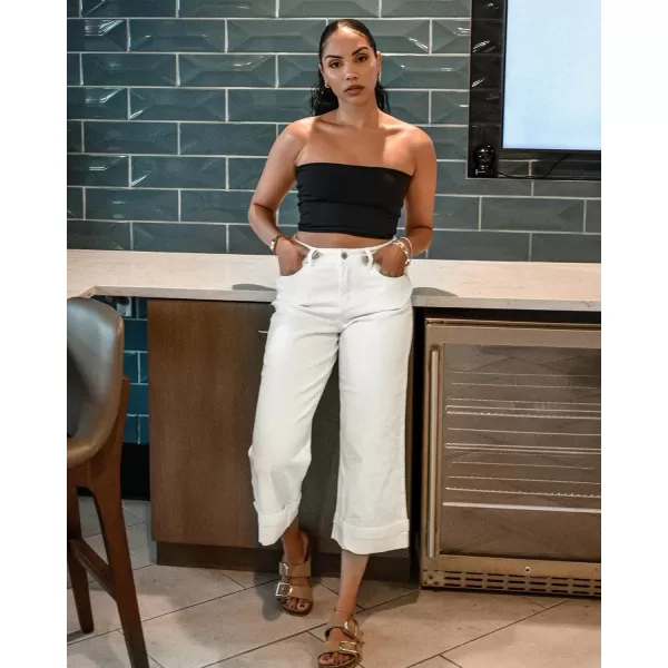 GRAPENT Wide Leg Jeans for Women High Waisted Stretchy Denim Capri Pants Fold Hem Cropped Baggy Capris Jeans with PocketOffwhite