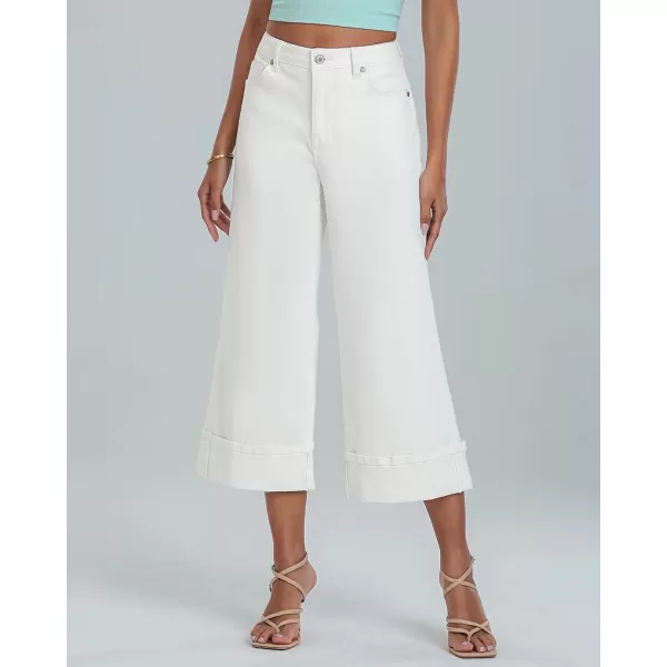 GRAPENT Wide Leg Jeans for Women High Waisted Stretchy Denim Capri Pants Fold Hem Cropped Baggy Capris Jeans with PocketOffwhite