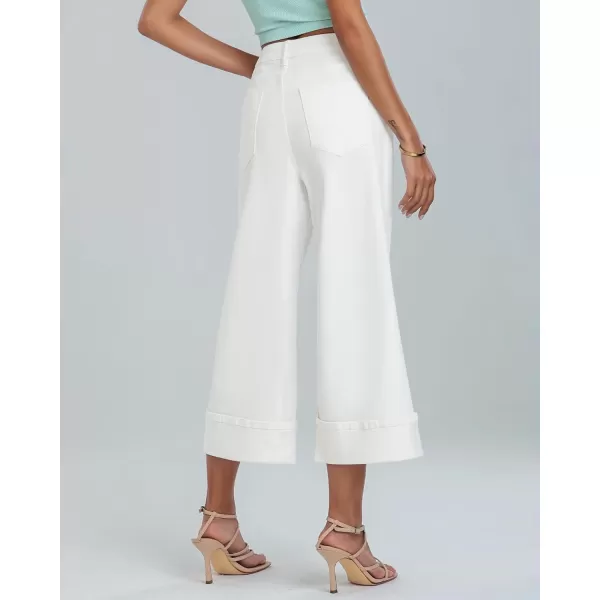 GRAPENT Wide Leg Jeans for Women High Waisted Stretchy Denim Capri Pants Fold Hem Cropped Baggy Capris Jeans with PocketOffwhite