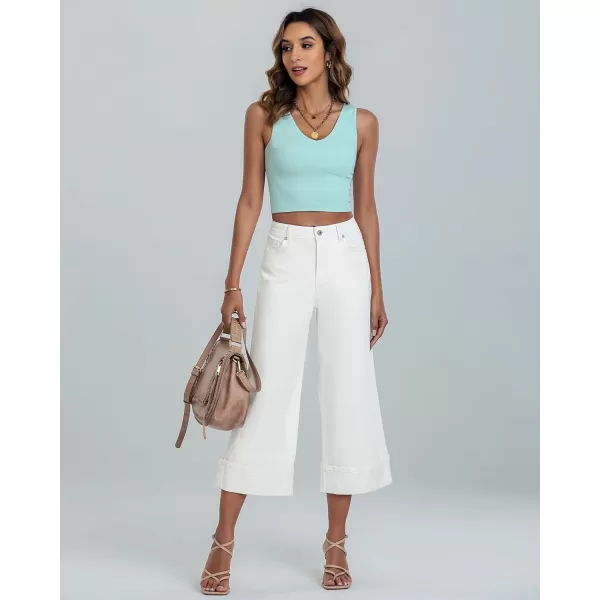 GRAPENT Wide Leg Jeans for Women High Waisted Stretchy Denim Capri Pants Fold Hem Cropped Baggy Capris Jeans with PocketOffwhite