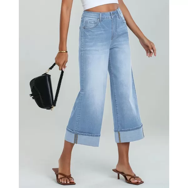 GRAPENT Wide Leg Jeans for Women High Waisted Stretchy Denim Capri Pants Fold Hem Cropped Baggy Capris Jeans with PocketRoadnight Blue