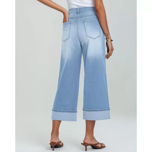 GRAPENT Wide Leg Jeans for Women High Waisted Stretchy Denim Capri Pants Fold Hem Cropped Baggy Capris Jeans with PocketRoadnight Blue