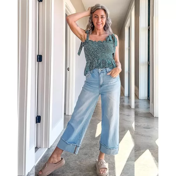 GRAPENT Wide Leg Jeans for Women High Waisted Stretchy Denim Capri Pants Fold Hem Cropped Baggy Capris Jeans with PocketRoadnight Blue