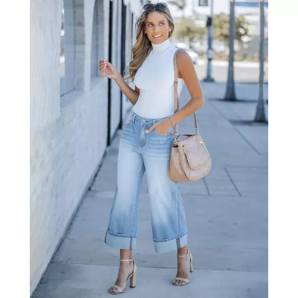 GRAPENT Wide Leg Jeans for Women High Waisted Stretchy Denim Capri Pants Fold Hem Cropped Baggy Capris Jeans with PocketRoadnight Blue
