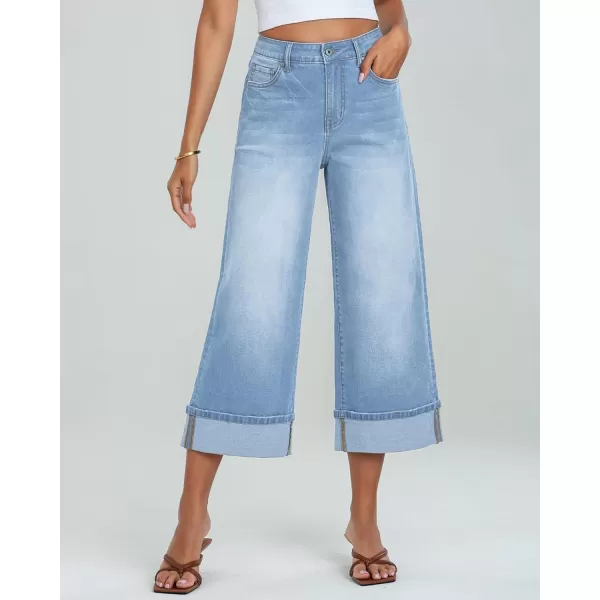 GRAPENT Wide Leg Jeans for Women High Waisted Stretchy Denim Capri Pants Fold Hem Cropped Baggy Capris Jeans with PocketRoadnight Blue
