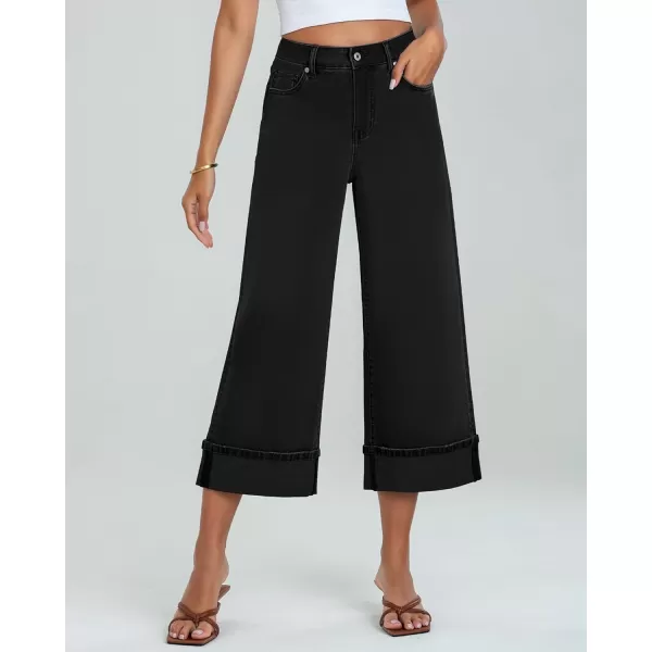 GRAPENT Wide Leg Jeans for Women High Waisted Stretchy Denim Capri Pants Fold Hem Cropped Baggy Capris Jeans with PocketTrue Black