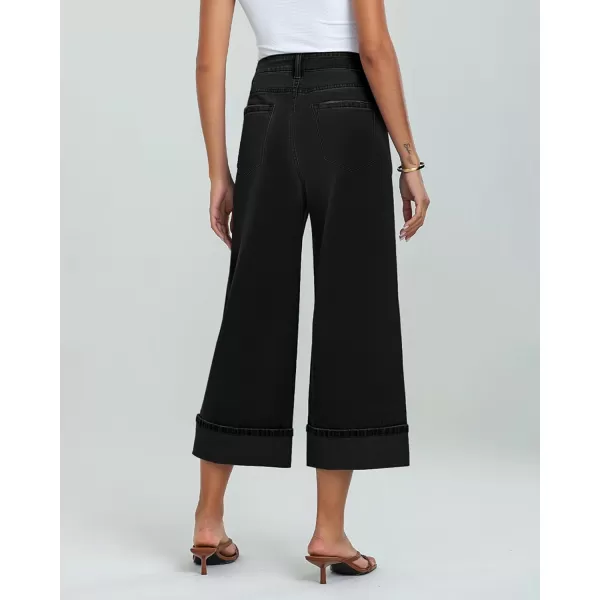 GRAPENT Wide Leg Jeans for Women High Waisted Stretchy Denim Capri Pants Fold Hem Cropped Baggy Capris Jeans with PocketTrue Black