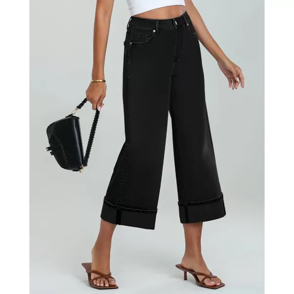 GRAPENT Wide Leg Jeans for Women High Waisted Stretchy Denim Capri Pants Fold Hem Cropped Baggy Capris Jeans with PocketTrue Black